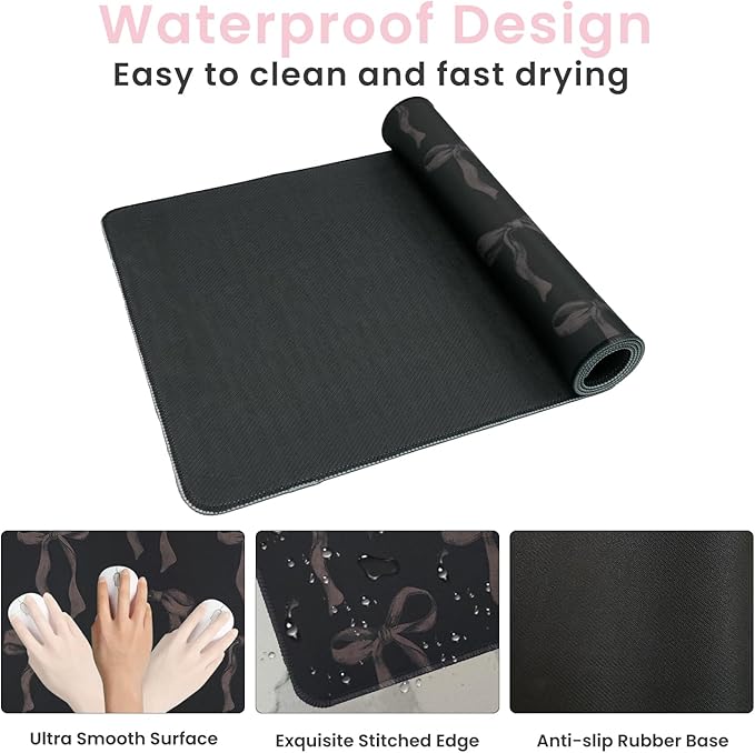 Black Bow Mouse Pad, Cute Desk Mat Black Computer Mat Keyboard Pad, Extend Large Gaming Mousepad Non-Slip Rubber Base Laptop Pad, Office Accessories Desktop Decor for Girls Women 31.5 x 11.8 inch
