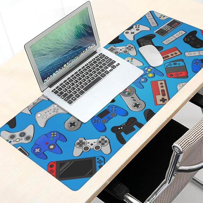 Video Game Controller Blue Mouse Pads XXL Extended Mousepad with Stitched Edges Gaming Theme Non-Slip Rubber Base Computer Keyboard Pad Desk Mat for Home Office Desk Decor, 35.4" X 15.7"