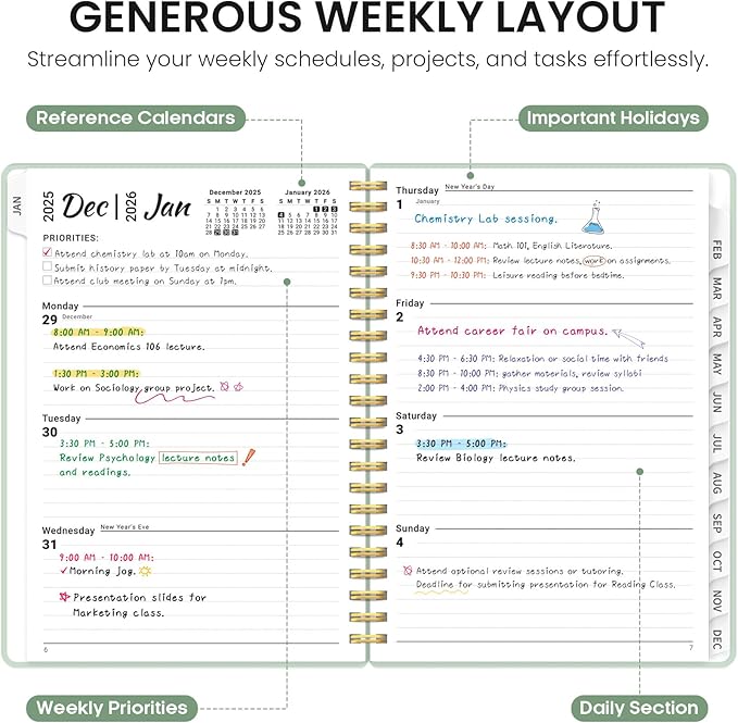 2026 Planner, Weekly and Monthly Calender Planner, Jan 2026 to Dec 2026, Hardcover 2026 Calendar Book with Tabs & Inner Pocket, Office Home School Supplies for Women & Men - A5 (6.3" x 8.5"), Mint