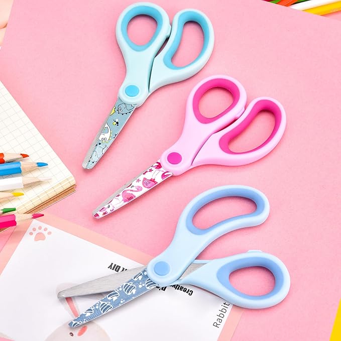 5" Kids Safety Scissors 3 Pack, Blunt-Tip Stainless Steel Blades (Print Design) & Ergonomic Comfort Handles, for Toddlers, Children, Small School Students, Craft Cutting Paper, Assorted Colors