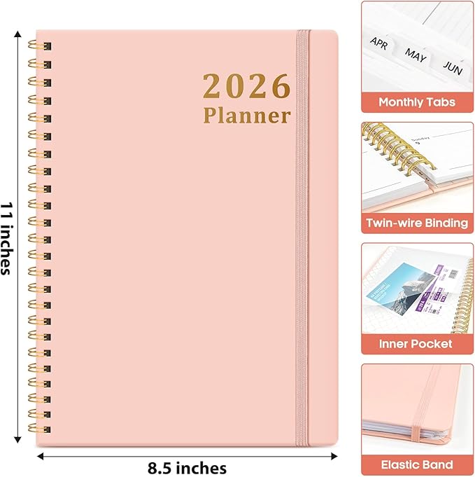 2026 Planner, Weekly and Monthly Calendar Planner, January 2026 - December 2026, Hardcover 2026 Calendar Book with Tabs For Women & Men, Inner Pocket, Spiral Bound, Perfect for Office Home School Supplies - A4 (8.5" x 11"), Pink
