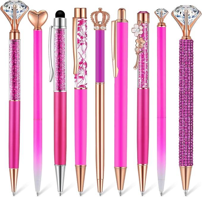 Janmini 9 Pcs Ballpoint Pens Set Metal Crystal Diamond Glitter Pens for Journaling Black Ink Pretty Cute Things Fancy Stationery Gifts for Women Girls Birthday Home Office Desk(Fluorescent Pink)