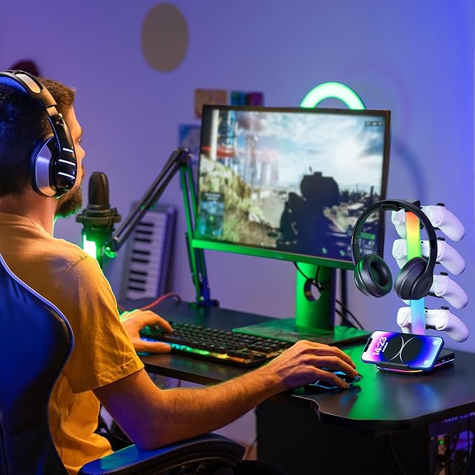 Controller Holder 5 Tier Headphone Stand Gaming Headset Holder RGB PC Gaming Accessories for Desk, Cool LED Headset Stand with 2 Type-C Outport, 1 USB Charger for Gamer, Black