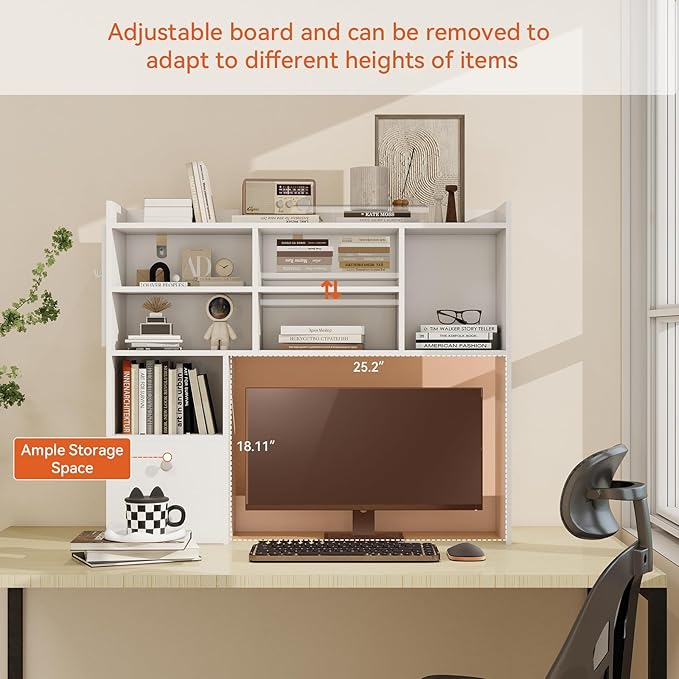 ELECWISH Desktop Bookshelf, Desk Shelf with 2 Drawers for Computer Desk, 36.22" 7-Tier Adjustable Desktop Hutch Organizer with Pegboard for Home Office, White