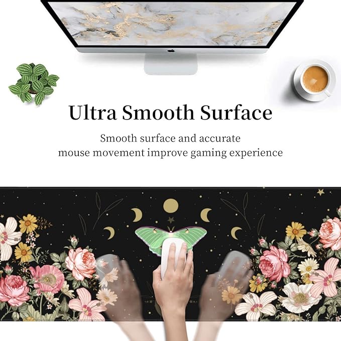 Moon Phase Moth Garden Black XXL XL Large Gaming Mouse Pad for Desk, Non-Slip Long Extended Keyboard Pads Mousepad Rubber Table Mat 31.5 X 11.8 Inch