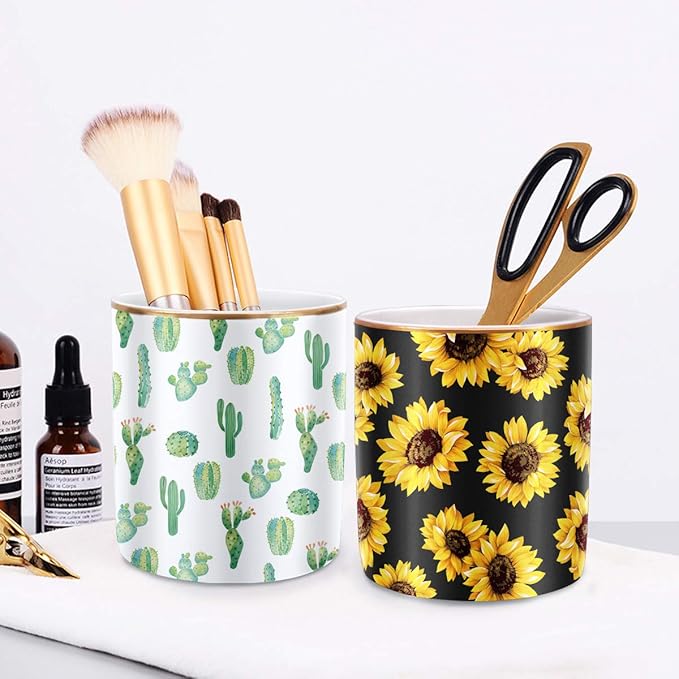 WAVEYU Pen Holder, Cute Pencil Holder for Desk, Makeup Brush Holder Floral Pattern, Pencil Cup for Girls Women, Durable Ceramic Desk Organizer Flower Decor for Office, Classroom, Sunflower