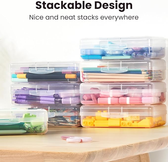 Sooez Plastic Pencil Case Box 6 Pack, Colored Large Craft Storage Bulk, Plastic Containers with Snap-tight Lids, Hobby Art School Supply Organizer, Marker Bead Pen Bins Organizer,Stackable