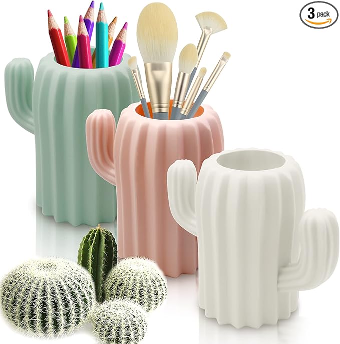 LeonBach 3 Pack Cactus Pen Holders for Desk,Cute Pencil Holders Succulent Pen Cups Cactus Office Classroom Decor Boho Desk Accessories Makeup Brush Holder Toothbrush Holder for Home School Office