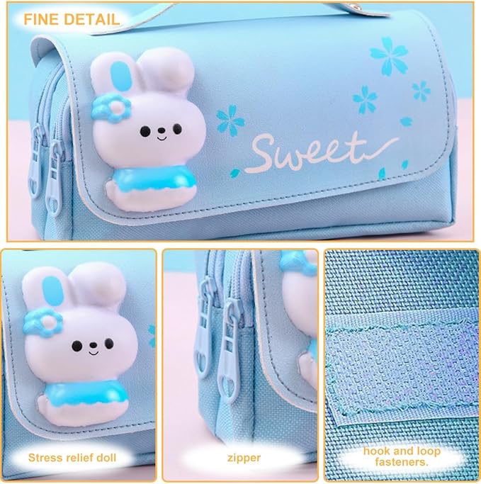 MCWTH Pencil Case for Girls, Kids Large Capacity Cute Pencil Box with Compartments School Organizer Pen Pouch (Sakura Blue)