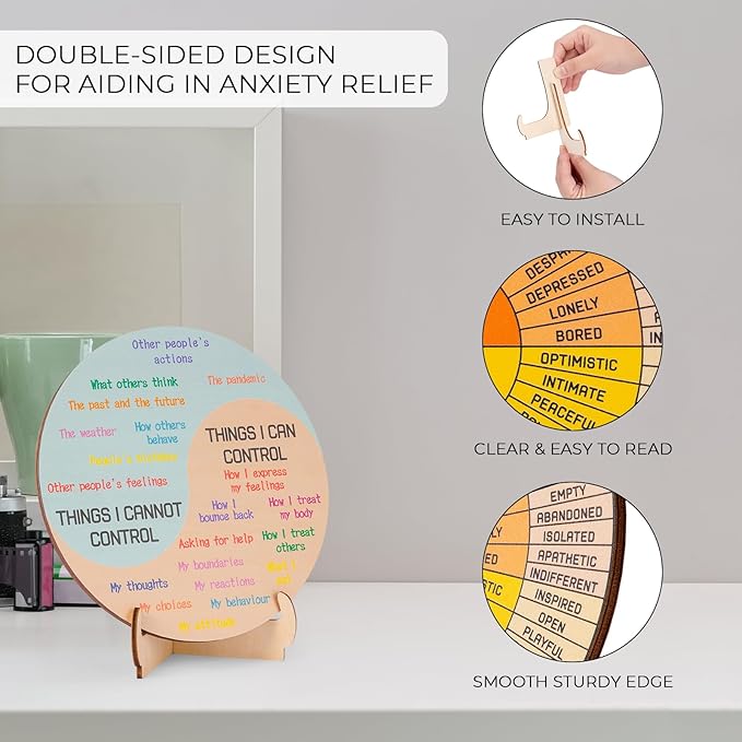 Feelings Wheel Therapy Office Desk Decor - Double Sided Mental Health Emotions Chart with Stand, Therapist Gifts for Home Office Women Man