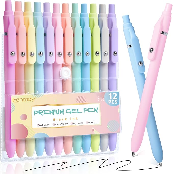 Gel Pens, 12 Pcs 0.5mm Fine Point Aesthetic Pens, Quick Dry No Smudge, Smooth Writing Comfortable Grip Pen, Cute Black Ink Journaling Pens for School Supplies Office Desk Accessories