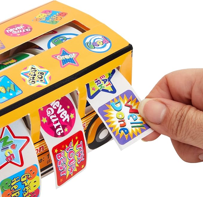 Juvale Teacher Reward Motivational Stickers - 6 Self-Adhesive Rolls (1080 Count) & 2 School Bus Dispensers - 1 in Multicolor Star, Square & Circle Designs - Classroom Essentials & Teacher Supplies