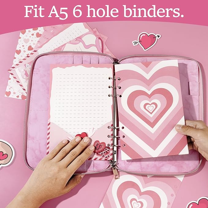 100 Sheets Pink Love Heart A5 Planner Inserts - 120GSM Thick Refill Paper for A5 6-Ring Binder, Cute Bear Loose Leaf Sheets for Journal Diary Budget Planning
