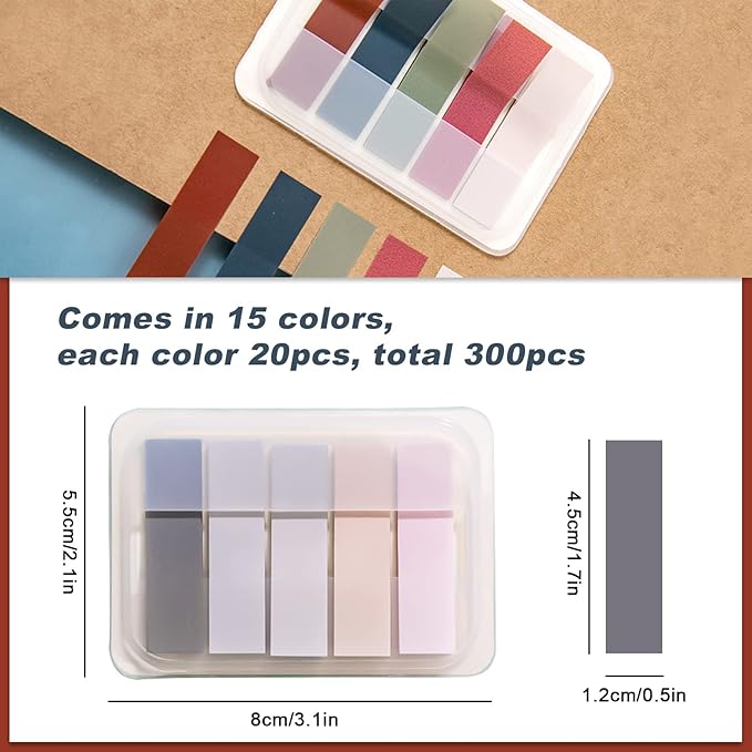 15 Colors Sticky Notes Tabs Pastel, File Tabs Flags Colored Page Markers Pop-up, Adhesive Index Tabs Stickers, Writable Book Tabs for Annotating Books, Notebooks, 300Pcs
