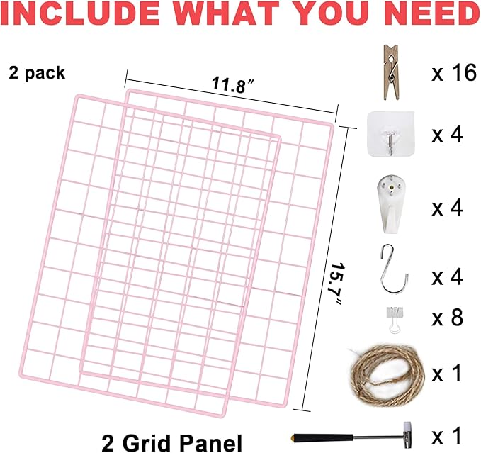 C&AHOME Photo Wall Display Set of 2, Grid Panel with Hooks, Clips, Hemp Cord, Hammer - 15.7" x 11.8", Pink UWWGM3402P