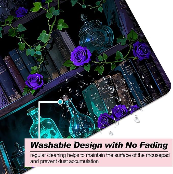 Dreamy Blue Rose and Magic Book XL Large Desk Mat, Extended Long Desk Pad for Gaming and Office, Non-Slip Rubber Base, Comfortable Surface Mouse Pad, 31.5x11.8 in (H18)