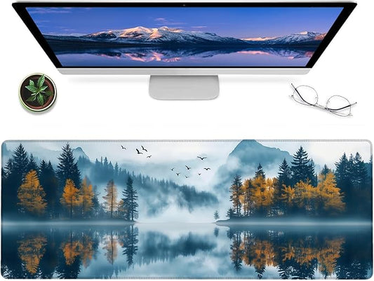 Mountain Lake Gaming Mouse Pad – 12x31.5in Non-Slip Rubber Desk Mat with Autumn Forest Misty Landscape Design – Large Extended Mousepad for Office Home – Deskmat Gifts for Nature Lover Decor