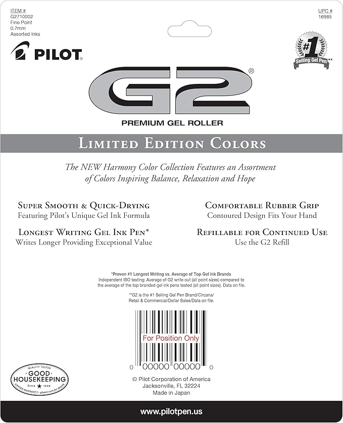 PILOT G2 Limited Edition Harmony Ink Collection Retractable Gel Pens, 0.7mm Fine Point, Gel Pen Set, Assorted Ink, 10-Pack - Ideal for School, Journaling, and Office Writing