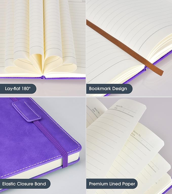 Lined Journal Notebook for Women Men,256 Pages A5 Hardcover Leather Journals for Writing,Travel,Business,Work & School,College Ruled Notebooks for Note Taking,Diary Notepad 5.7"×8.3" purple