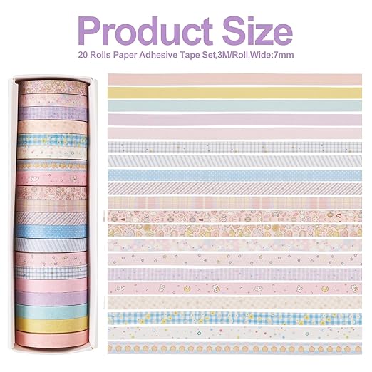 20 Rolls Washi Scrapbook Tape 7mm Pastel Decorative Bible Tape Set Floral Tape Pack Pink Aesthetic Colored Tape Rolls Stickers for Crafts DIY Scrapbook Study Journaling Planner Supplies