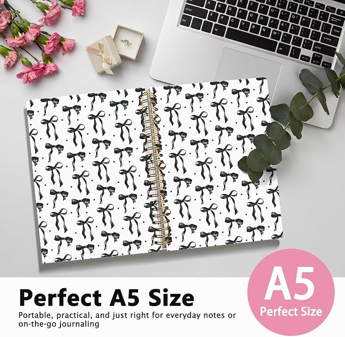 LIANGW Coquette Black Bow Notebook Journal for Teen Girls & Women, Preppy Cute Journal Gifts for Women, Girly Gifts, Black Bow Office Supplies, Hardcover Spiral Notebook, 5.5x8.3 Inch