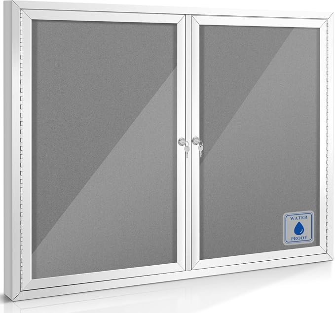 SWANCROWN Weather Resistant Enclosed Bulletin Board Gray Fabric Displays Boards Wall Mounted Notice Board with Aluminum Frame,43x31 inches