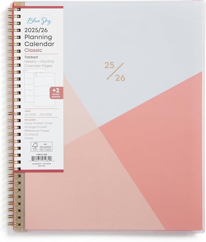 Blue Sky Weekly and Monthly Academic Year Planner Calendar, July - June, Clear Pocket Cover, Wirebound, Laminated Tabs, Cali Pink (Cali Pink- 2025/2026, 8.5" x 11")