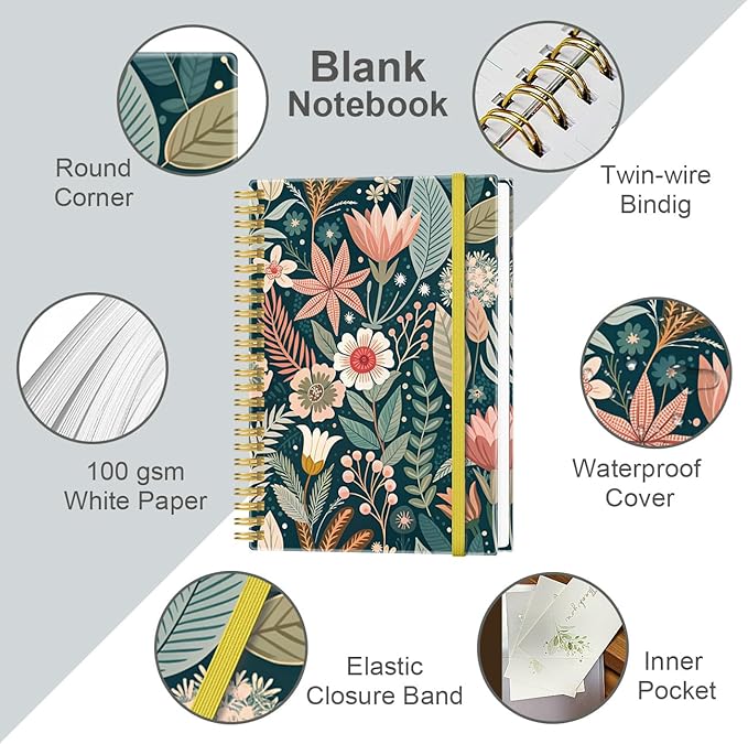 Heveboik A5 Blank Notebook - 70 Sheets/140 Pages Blank Paper Notebook, 100 GSM Thick White Paper, 5.8" x 8.3" Spiral Blank Journal, Flower-B