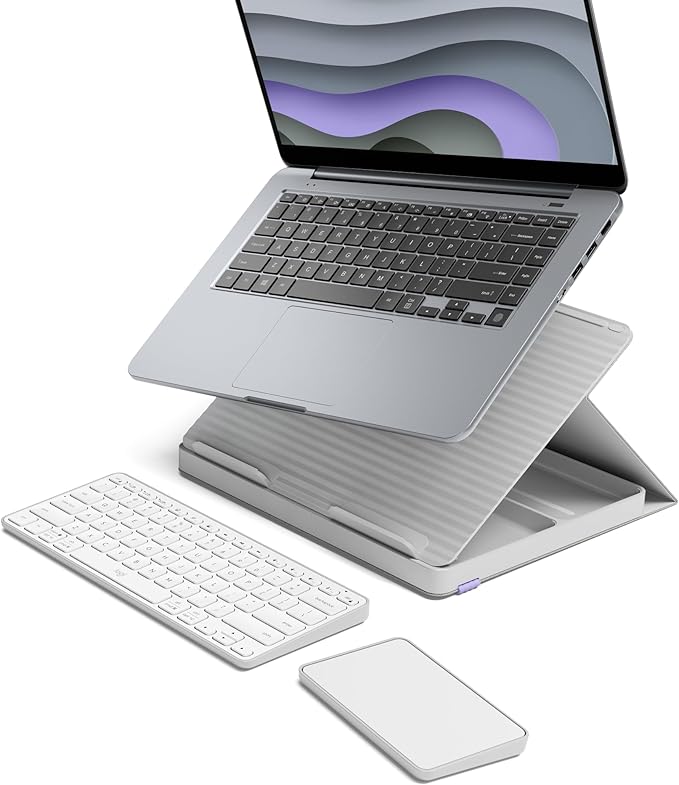 Logitech Casa Pop-Up Desk Work From Home Kit with Laptop Stand, Wireless Keyboard & Touchpad, Bluetooth, USB C Charging, for Laptop/MacBook(10” to 17”), Windows,macOS,ChromeOS - Nordic Calm,Tan/Purple