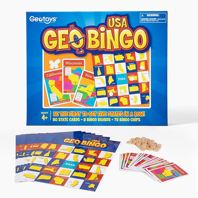 GeoToys GeoBingo, USA Bingo for Kids Ages 4 and Up, Geography Game for Home, School or Camp - Fun Bingo Games for Family, Play and Learn States and Capitals of The USA
