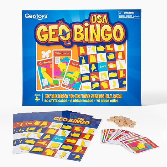 GeoToys GeoBingo, USA Bingo for Kids Ages 4 and Up, Geography Game for Home, School or Camp - Fun Bingo Games for Family, Play and Learn States and Capitals of The USA