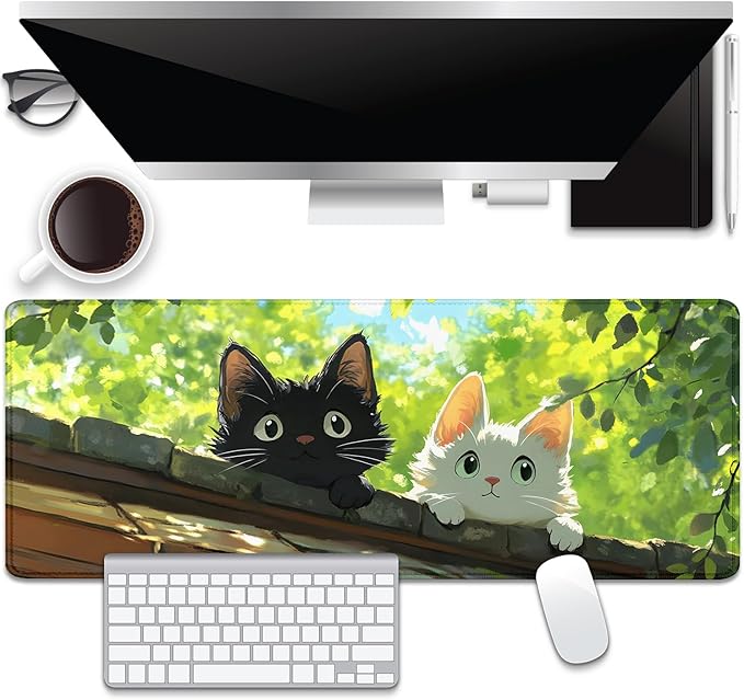Black and White Cat Desk Pad Mouse Pad,Extend XL Mouse Mat with Stitched Edges,Non-Slip Rubber Base Large Mousepad for Office PC Keyboard Laptop and Home Work Desk Mat(31.5X11.8 in)