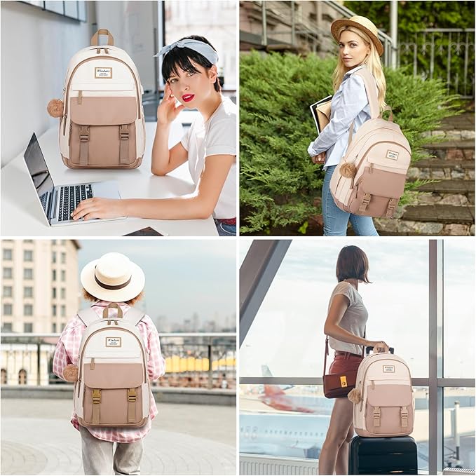 School Backpack for Teen Girls, Cute College Backpacks for Women Students Aesthetic Bookbag Large 17.3 Inch Laptop Bag Middle School Travel Back Pack (Khaki Beige)