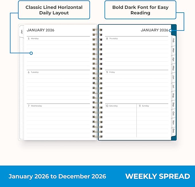 Blue Sky 2026 Weekly and Monthly Planner Calendar, January 2026 - December 2026, 5" x 8", Flexible Frosted Cover, Laminated Tabs, Durable Twin Wire Binding, Bakah Blue