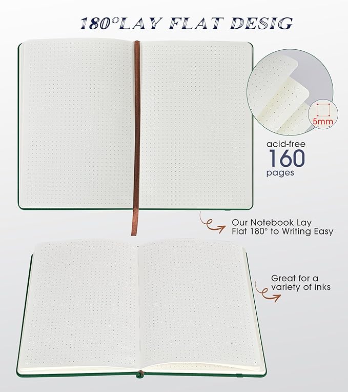 Biuwory Dotted Journal Notebook for Women Men, 160 Pages Hardcover Dot Grid Notebooks for Work, School & Travel, Leather Journals for Writing, Bullet Journaling 5.7"×8.3" (Green)