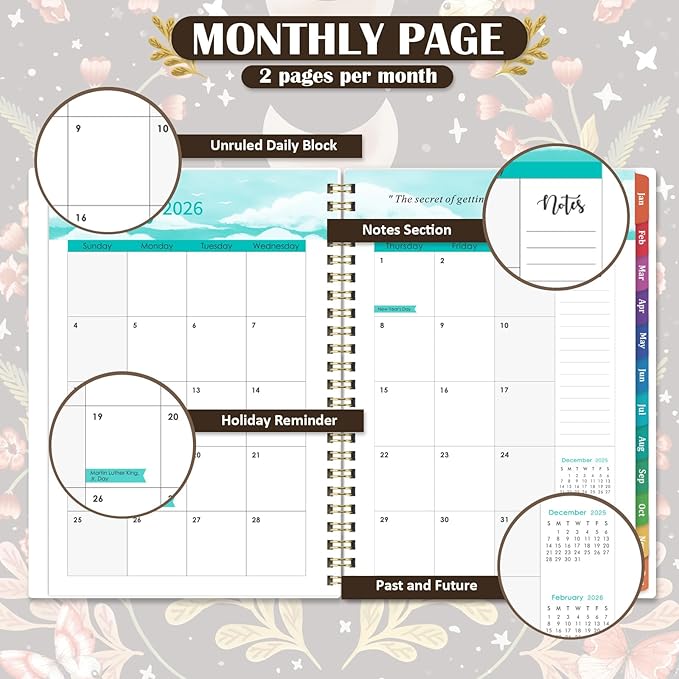 2026 Planner - 2026 Planner Weekly and Monthly, JAN. 2026 - DEC. 2026, 6.3" x 8.4", 2026 Planners with Tabs, Twin-Wire Binding, Inner pocket, Planner organizer - Moon