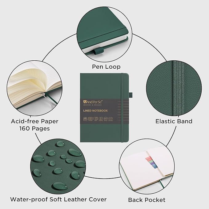 &And Per Se Lined Journal Notebook (3 Packs), 160 Pages 100GSM Thick Paper, A5 Hardcover College Ruled Journals for Writing, 5.7'' x 8'' (Brown, Blue & Green)