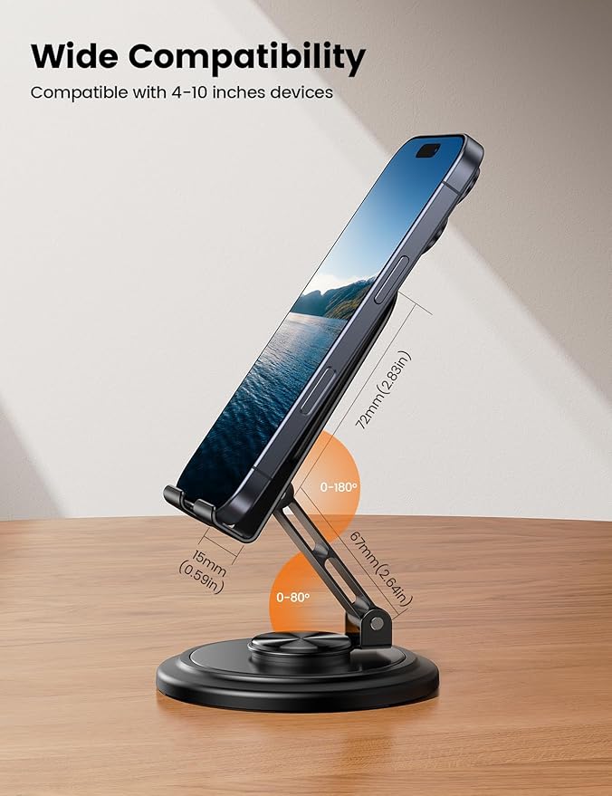 Lamicall Cell Phone Stand for Desk - [360° Rotation] Sturdy Adjustable Desktop Phone Holder, Foldable Mobile Stand, Office Desk Accessories Gifts for iPhone 17 16 15 14 Pro Max, Galaxy S25, Cellphone