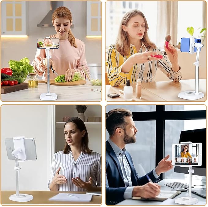 UTEBIT Phone Stand for Desk, 11.8''-17.7''Height Adjustable Tablet Phone Holder for Desk, Universal iPhone Holder Retractable Cell Phone Stand Recording Office for iPhone 17 16 15 Pro Max Air, White