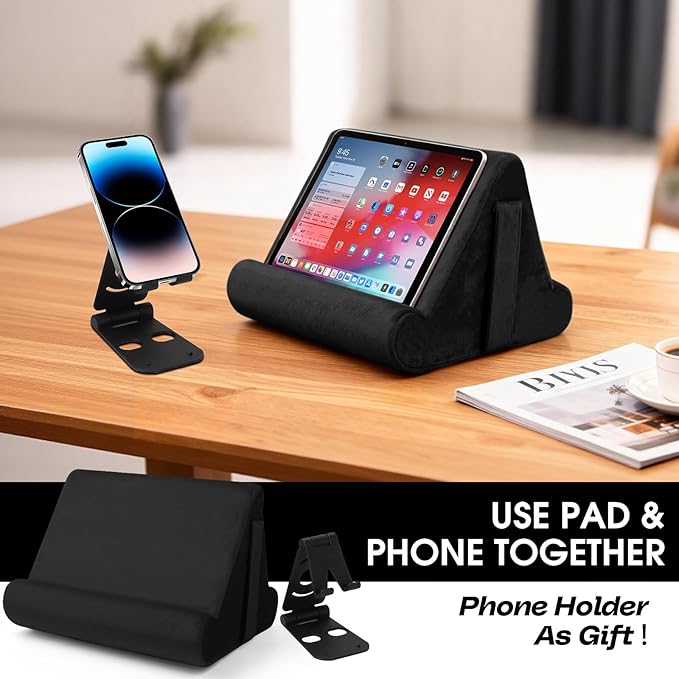 Universal Tablet Cushion Stand - Multi-Angle Lazy Holder with Net Pocket & Phone Stands Options for Lap, Knee, Sofa, Bed (Black)