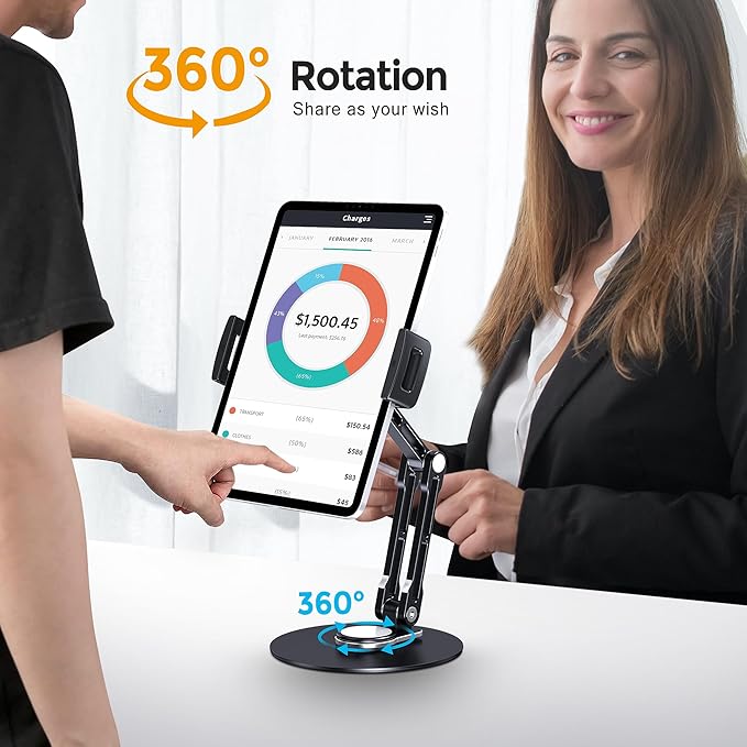 Tablet Stand Holder for iPad, Adjustable with 360 Rotating Base for Desk, Aluminum Swivel Tablet Stand Compatible with iPad Air, Mini, 10.2,9.7, Pro 11/13 and More, Black