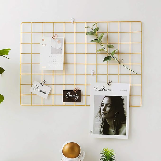 GBYAN 2 Pack Large Wall Grid Panels with Light and Clips, Photo Display Board, Picture Frame Collage Board, Wire Grid Wall Panel Room Decoration,Dark Gold