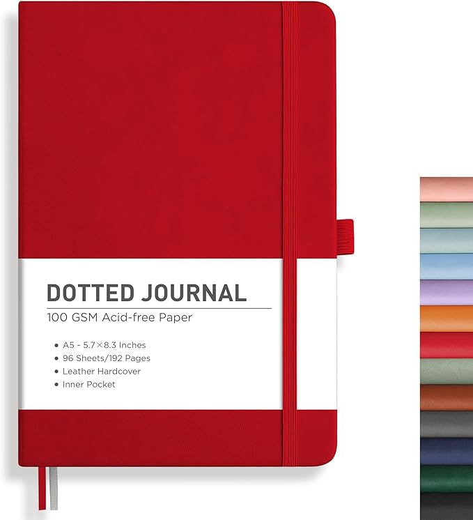 RETTACY Dotted Journal Notebook, 192 Pages, A5 Medium Size (5.7'' x 8.3''), Leather Hardcover, 100 GSM Thick Paper, for Bullet Journaling, Planning, Tracking (Red)