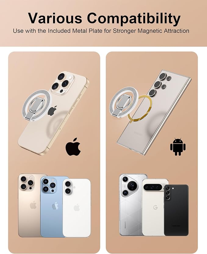 AILKIN Magnetic Phone Stand with Ring Holder for iPhone 17 Pro Max, MagSafe Finger Ring Magnet Grip, Adjustable Kickstand Loop for Phone Case, iPhone Stand Grip, Samsung Holder Kickstand-Silver Bling