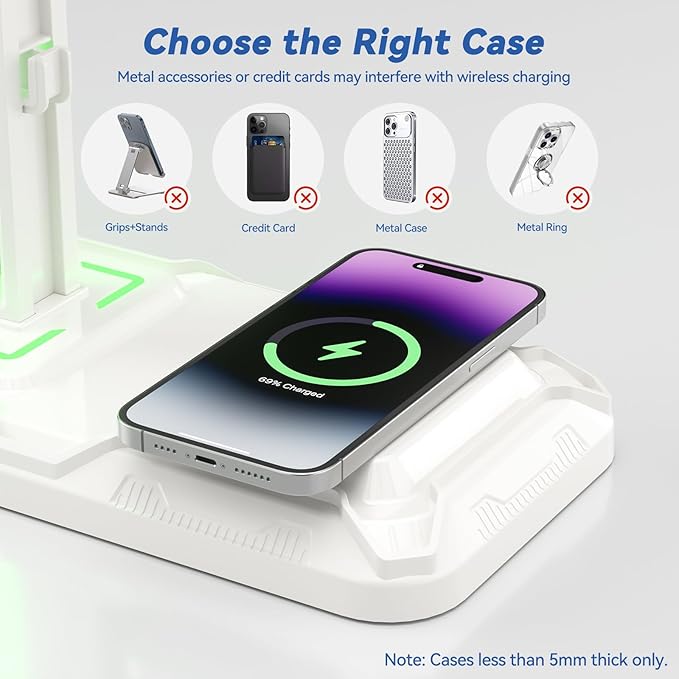 KDD RGB Headphone & Controller Stand with Wireless Charging - Rotatable Headset Stand with 9 Light Modes - Controller Holder with 2 USB and Type C Ports - for Gamers Desktop Accessories(White)