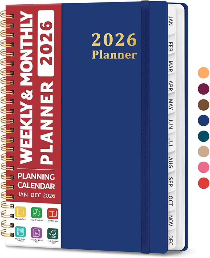 2026 Planner, Weekly and Monthly Calendar Planner, January 2026 - December 2026, Hardcover 2026 Calendar Book with Tabs For Women & Men, Inner Pocket, Spiral Bound, Perfect for Office Home School Supplies - A5 (6.3" x 8.5"), Deep Blue