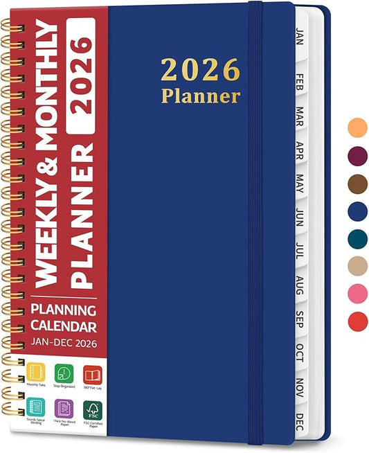 2026 Planner, Weekly and Monthly Calendar Planner, January 2026 - December 2026, Hardcover 2026 Calendar Book with Tabs For Women & Men, Inner Pocket, Spiral Bound, Perfect for Office Home School Supplies - A5 (6.3" x 8.5"), Deep Blue