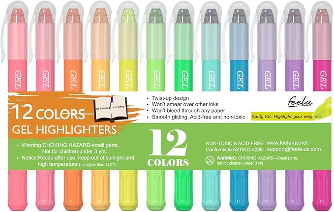 feela 12 Colors Bible Gel Highlighters, Gel Highlighter Markers Study Kit, Good For Highlighting Journal School Office