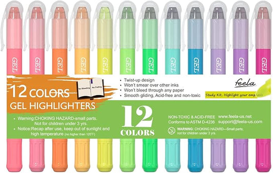 feela 12 Colors Bible Gel Highlighters, Gel Highlighter Markers Study Kit, Good For Highlighting Journal School Office