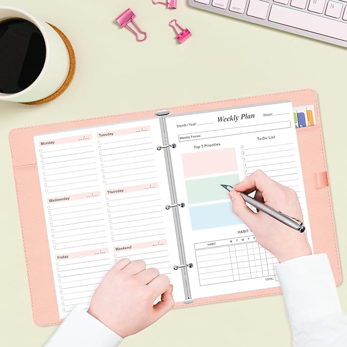 (2-Pack) Half Letter Size Weekly Planner Refills for 3 Ring Mini Binders - 53 Sheets/106 Pages Undated Colorful Weekly Planner, 100 gsm White Paper, Lasts 2 Year, Undated, 5.8" x 8.3"